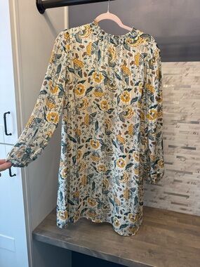 Floral Smocked Neck Long Sleeve Shift Dress - Yellow & Teal Flowers ANN TAYLOR M